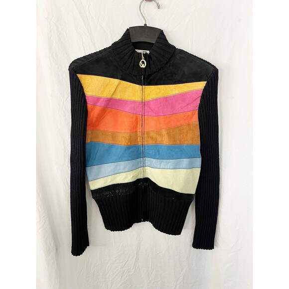 ST JOHN Lamb Suede Leather And Wool Sequin Striped Jacket Women Size S Full Zip - Picture 10 of 10